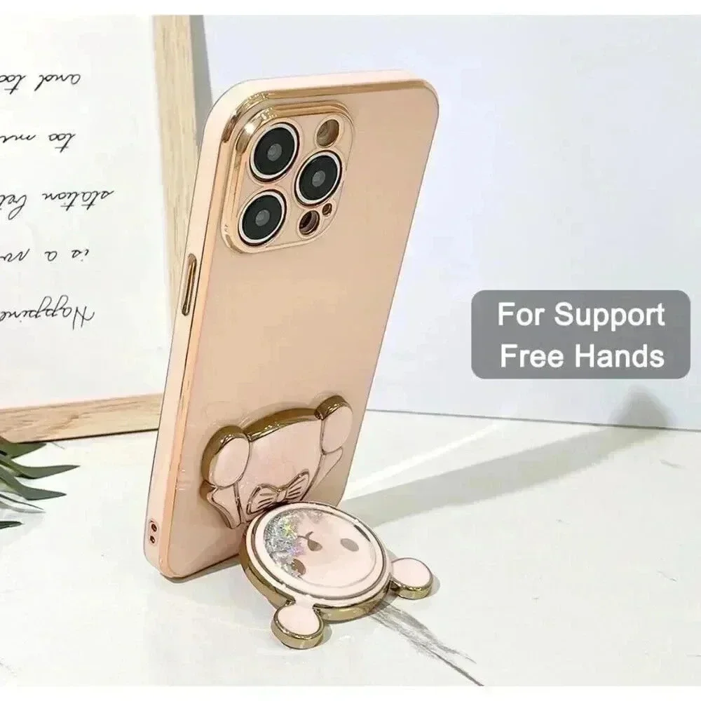 Glitter Bear Kickstand‎ W/Mirror Case For iPhone 15 Pro 6.1” Pink Gold Trim